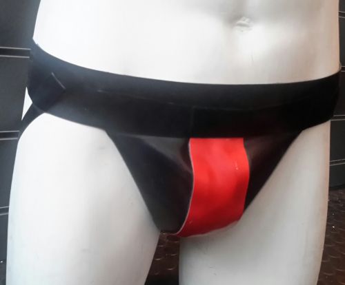 Rubber Jockstrap with Red Stripe.